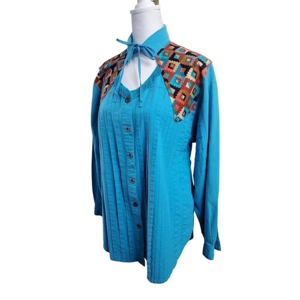 Vintage Together! Western Aztec Blue Button Up Womens Long Sleeve Shirt Rodeo M - Picture 3 of 15